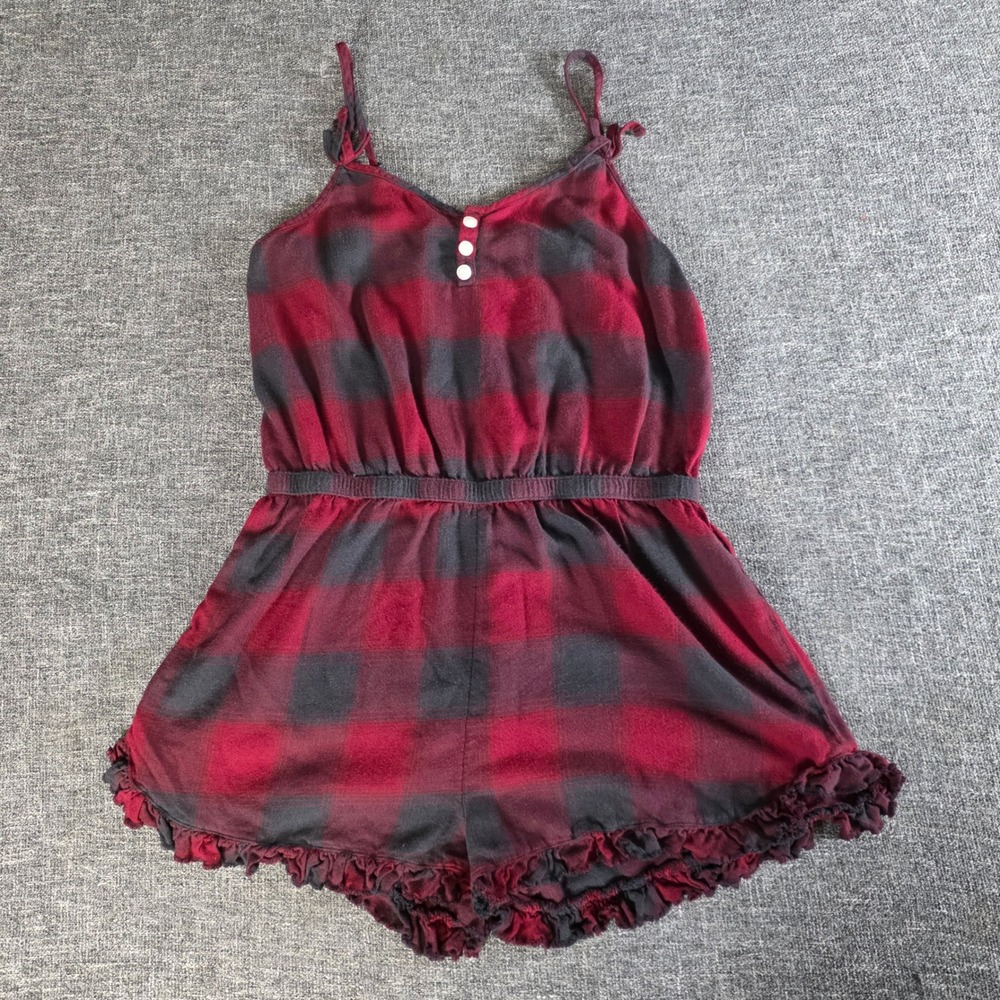 American Eagle Red Black Buffalo Plaid Ruffle Romper Medium Tie Strap Henley